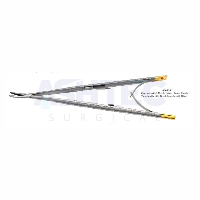 Castroviejo Cvd. Needle Holder, Round Handle, Tungsten Carbide Tips, 2.0mm, Length 18 cm