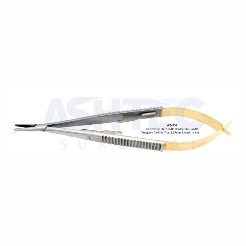 Castroviejo Str. Needle Holder, Str. Handle, Tungsten Carbide Tips, 1.25mm, Length 14 cm