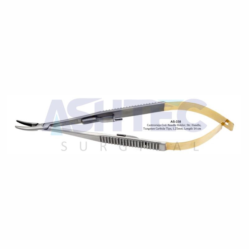 Castroviejo Cvd. Needle Holder, Str. Handle, Tungsten Carbide Tips, 1.25mm, Length 14 cm